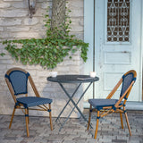 English Elm Commercial Grade - Set of 2 Indoor/Outdoor Commercial French Bistro Stacking Chairs, Navy/White PE Rattan Back and Seat, Bamboo Print Aluminum Frame in Natural