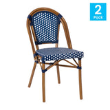 English Elm Commercial Grade - Set of 2 Indoor/Outdoor Commercial French Bistro Stacking Chairs, Navy/White PE Rattan Back and Seat, Bamboo Print Aluminum Frame in Natural