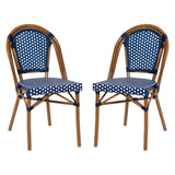 English Elm Commercial Grade - Set of 2 Indoor/Outdoor Commercial French Bistro Stacking Chairs, Navy/White PE Rattan Back and Seat, Bamboo Print Aluminum Frame in Natural