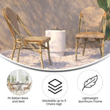 English Elm Commercial Grade - Set of 2 Indoor/Outdoor Commercial French Bistro Stack Chairs, /White PE Rattan Back & Seat, Bamboo Print Light Aluminum Frame