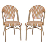 English Elm Commercial Grade - Set of 2 Indoor/Outdoor Commercial French Bistro Stack Chairs, /White PE Rattan Back & Seat, Bamboo Print Light Aluminum Frame