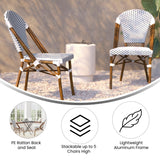 English Elm Commercial Grade - Set of 2 Indoor/Outdoor Commercial French Bistro Stacking Chair, /Navy PE Rattan Back and Seat, Bamboo Print Aluminum Frame in Natural