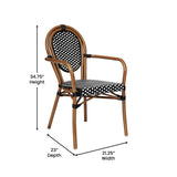 English Elm Commercial Grade 2 Pack Indoor/Outdoor Commercial Thonet French Bistro Stacking Chair with Arms, and White PE Rattan and Natural Aluminum Frame