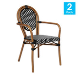 English Elm Commercial Grade 2 Pack Indoor/Outdoor Commercial Thonet French Bistro Stacking Chair with Arms, and White PE Rattan and Natural Aluminum Frame