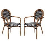 English Elm Commercial Grade 2 Pack Indoor/Outdoor Commercial Thonet French Bistro Stacking Chair with Arms, and White PE Rattan and Natural Aluminum Frame