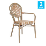 English Elm Commercial Grade 2 Pack Indoor/Outdoor Commercial Thonet French Bistro Stack Chair with Arms, Natural/ PE Rattan and Bamboo Aluminum Frame in Lt Natural