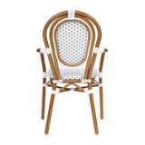 English Elm Commercial Grade 2 Pack Indoor/Outdoor Commercial Thonet French Bistro Stacking Chair with Arms, White and PE Rattan and Bamboo Aluminum Frame in Natural