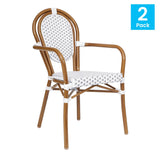 English Elm Commercial Grade 2 Pack Indoor/Outdoor Commercial Thonet French Bistro Stacking Chair with Arms, White and PE Rattan and Bamboo Aluminum Frame in Natural