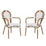 English Elm Commercial Grade 2 Pack Indoor/Outdoor Commercial Thonet French Bistro Stacking Chair with Arms, White and PE Rattan and Bamboo Aluminum Frame in Natural