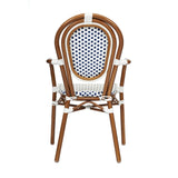 English Elm Commercial Grade 2 Pack Indoor/Outdoor Commercial Thonet French Bistro Stacking Chair with Arms, White and Navy PE Rattan and Bamboo Aluminum Frame in Natural