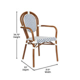 English Elm Commercial Grade 2 Pack Indoor/Outdoor Commercial Thonet French Bistro Stacking Chair with Arms, White and Navy PE Rattan and Bamboo Aluminum Frame in Natural