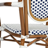 English Elm Commercial Grade 2 Pack Indoor/Outdoor Commercial Thonet French Bistro Stacking Chair with Arms, White and Navy PE Rattan and Bamboo Aluminum Frame in Natural