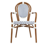 English Elm Commercial Grade 2 Pack Indoor/Outdoor Commercial Thonet French Bistro Stacking Chair with Arms, White and Navy PE Rattan and Bamboo Aluminum Frame in Natural