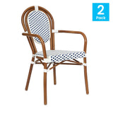 English Elm Commercial Grade 2 Pack Indoor/Outdoor Commercial Thonet French Bistro Stacking Chair with Arms, White and Navy PE Rattan and Bamboo Aluminum Frame in Natural