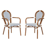 English Elm Commercial Grade 2 Pack Indoor/Outdoor Commercial Thonet French Bistro Stacking Chair with Arms, White and Navy PE Rattan and Bamboo Aluminum Frame in Natural