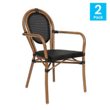 English Elm Commercial Grade 2 Pack Indoor/Outdoor Commercial Thonet French Bistro Stacking Chair with Arms, Textilene and Bamboo Print Aluminum Frame in Natural