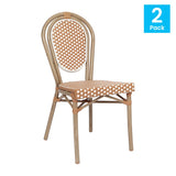 English Elm Commercial Grade 2 Pack Indoor/Outdoor Commercial Thonet French Bistro Stacking Chair, Natural/ PE Rattan and Bamboo Print Aluminum Frame in Light Natural