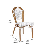 English Elm Commercial Grade 2 Pack Indoor/Outdoor Commercial Thonet French Bistro Stacking Chair, White and PE Rattan and Bamboo Print Aluminum Frame in Natural