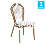 English Elm Commercial Grade 2 Pack Indoor/Outdoor Commercial Thonet French Bistro Stacking Chair, White and PE Rattan and Bamboo Print Aluminum Frame in Natural