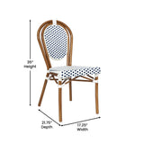 English Elm Commercial Grade 2 Pack Indoor/Outdoor Commercial Thonet French Bistro Stacking Chair, White and Navy PE Rattan and Bamboo Print Aluminum Frame in Natural