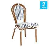 English Elm Commercial Grade 2 Pack Indoor/Outdoor Commercial Thonet French Bistro Stacking Chair, White and Navy PE Rattan and Bamboo Print Aluminum Frame in Natural