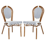 English Elm Commercial Grade 2 Pack Indoor/Outdoor Commercial Thonet French Bistro Stacking Chair, White and Navy PE Rattan and Bamboo Print Aluminum Frame in Natural