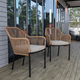 Commercial Grade - Set of 2 All-Weather Natural Woven Stacking Club Chairs with Rounded Arms & Ivory Zippered Seat Cushions