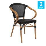 English Elm Commercial Grade 2 Pack Indoor/Outdoor Commercial French Bistro Stacking Chair with Arms, Textilene and Bamboo Print Aluminum Frame in Natural