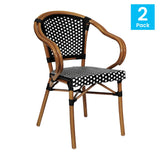 English Elm Commercial Grade 2 Pack Indoor/Outdoor Commercial French Bistro Stacking Chair with Arms, and White PE Rattan and Bamboo Print Aluminum Frame in Natural