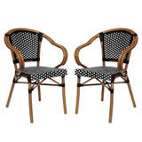 English Elm Commercial Grade 2 Pack Indoor/Outdoor Commercial French Bistro Stacking Chair with Arms, and White PE Rattan and Bamboo Print Aluminum Frame in Natural