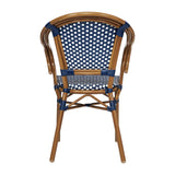 English Elm Commercial Grade 2 Pack Indoor/Outdoor Commercial French Bistro Stacking Chair with Arms, Navy and White PE Rattan and Bamboo Print Aluminum Frame in Natural