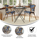 English Elm Commercial Grade 2 Pack Indoor/Outdoor Commercial French Bistro Stacking Chair with Arms, Navy and White PE Rattan and Bamboo Print Aluminum Frame in Natural