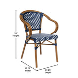 English Elm Commercial Grade 2 Pack Indoor/Outdoor Commercial French Bistro Stacking Chair with Arms, Navy and White PE Rattan and Bamboo Print Aluminum Frame in Natural