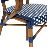 English Elm Commercial Grade 2 Pack Indoor/Outdoor Commercial French Bistro Stacking Chair with Arms, Navy and White PE Rattan and Bamboo Print Aluminum Frame in Natural