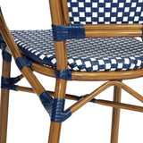 English Elm Commercial Grade 2 Pack Indoor/Outdoor Commercial French Bistro Stacking Chair with Arms, Navy and White PE Rattan and Bamboo Print Aluminum Frame in Natural