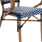 English Elm Commercial Grade 2 Pack Indoor/Outdoor Commercial French Bistro Stacking Chair with Arms, Navy and White PE Rattan and Bamboo Print Aluminum Frame in Natural