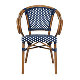 English Elm Commercial Grade 2 Pack Indoor/Outdoor Commercial French Bistro Stacking Chair with Arms, Navy and White PE Rattan and Bamboo Print Aluminum Frame in Natural