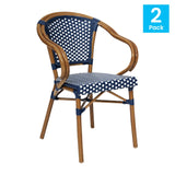 English Elm Commercial Grade 2 Pack Indoor/Outdoor Commercial French Bistro Stacking Chair with Arms, Navy and White PE Rattan and Bamboo Print Aluminum Frame in Natural