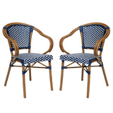 English Elm Commercial Grade 2 Pack Indoor/Outdoor Commercial French Bistro Stacking Chair with Arms, Navy and White PE Rattan and Bamboo Print Aluminum Frame in Natural