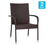 English Elm - Set of 2 Stackable Indoor/Outdoor Wicker Dining Chairs with Arms - Fade & Weather-Resistant Steel Frames -