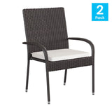 English Elm - Set of 2 Stackable Indoor/Outdoor Espresso Wicker Dining Chairs with Cream Seat Cushions - Fade & Weather-Resistant Materials