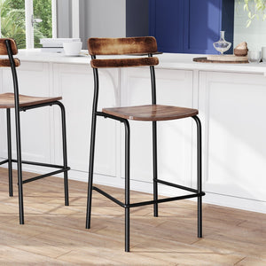 English Elm Commercial Grade 2 Pack Commercial Grade Solid Wood Bar Stools with Black Metal Frames and Finish