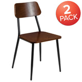 English Elm Commercial Grade Stackable Industrial Dining Chair with Gunmetal Steel Frame and Rustic Wood Seat - Set of 2