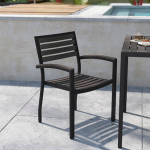 English Elm Commercial Grade - Set of 2 Outdoor Stackable Faux Teak Side Chairs - Commercial Grade Black Aluminum Patio Chairs with Synthetic Wash Faux Teak Slats