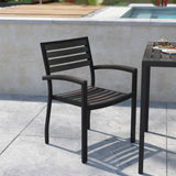 Commercial Grade - Set of 2 Outdoor Stackable Faux Teak Side Chairs - Commercial Grade Black Aluminum Patio Chairs with Synthetic Wash Faux Teak Slats