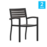 English Elm Commercial Grade - Set of 2 Outdoor Stackable Faux Teak Side Chairs - Commercial Grade Black Aluminum Patio Chairs with Synthetic Wash Faux Teak Slats