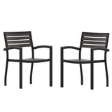 English Elm Commercial Grade - Set of 2 Outdoor Stackable Faux Teak Side Chairs - Commercial Grade Black Aluminum Patio Chairs with Synthetic Wash Faux Teak Slats