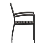 English Elm Commercial Grade - Set of 2 Outdoor Stackable Faux Teak Side Chairs - Commercial Grade Black Aluminum Patio Chairs with Synthetic Wash Faux Teak Slats