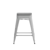 English Elm Commercial Grade Set of 4 Commercial Grade 24" High Backless Silver Metal Indoor Counter Height Stools with All-Weather Poly Resin Seats