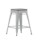 English Elm Commercial Grade Set of 4 Commercial Grade 24" High Backless Silver Metal Indoor Counter Height Stools with All-Weather Poly Resin Seats